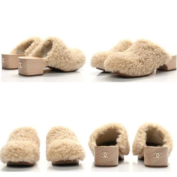 CHANEL 2022 Beige SHEARLING LAMBSKIN CC Logo Fuzzy Low Heel Clogs Size E… - Picture 2 of 15